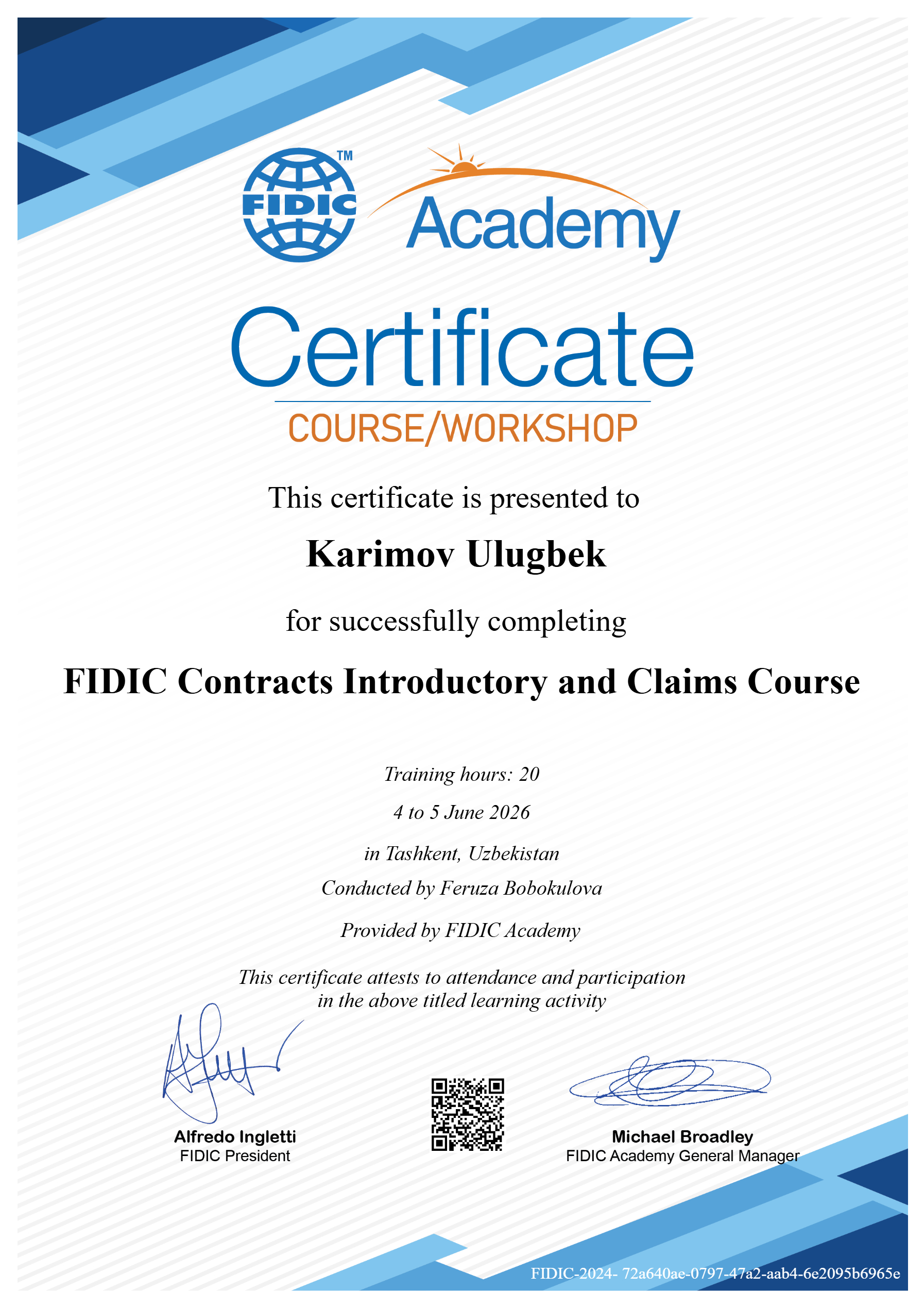 Сертификат FIDIC - Каримов Улугбек
